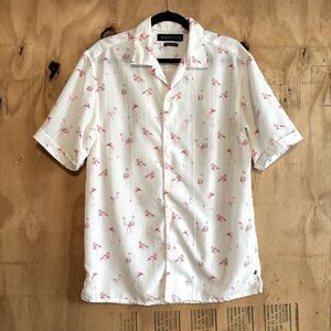Direction Flamingo Print White Button Up Short Sleeve Shirt Sz XL
